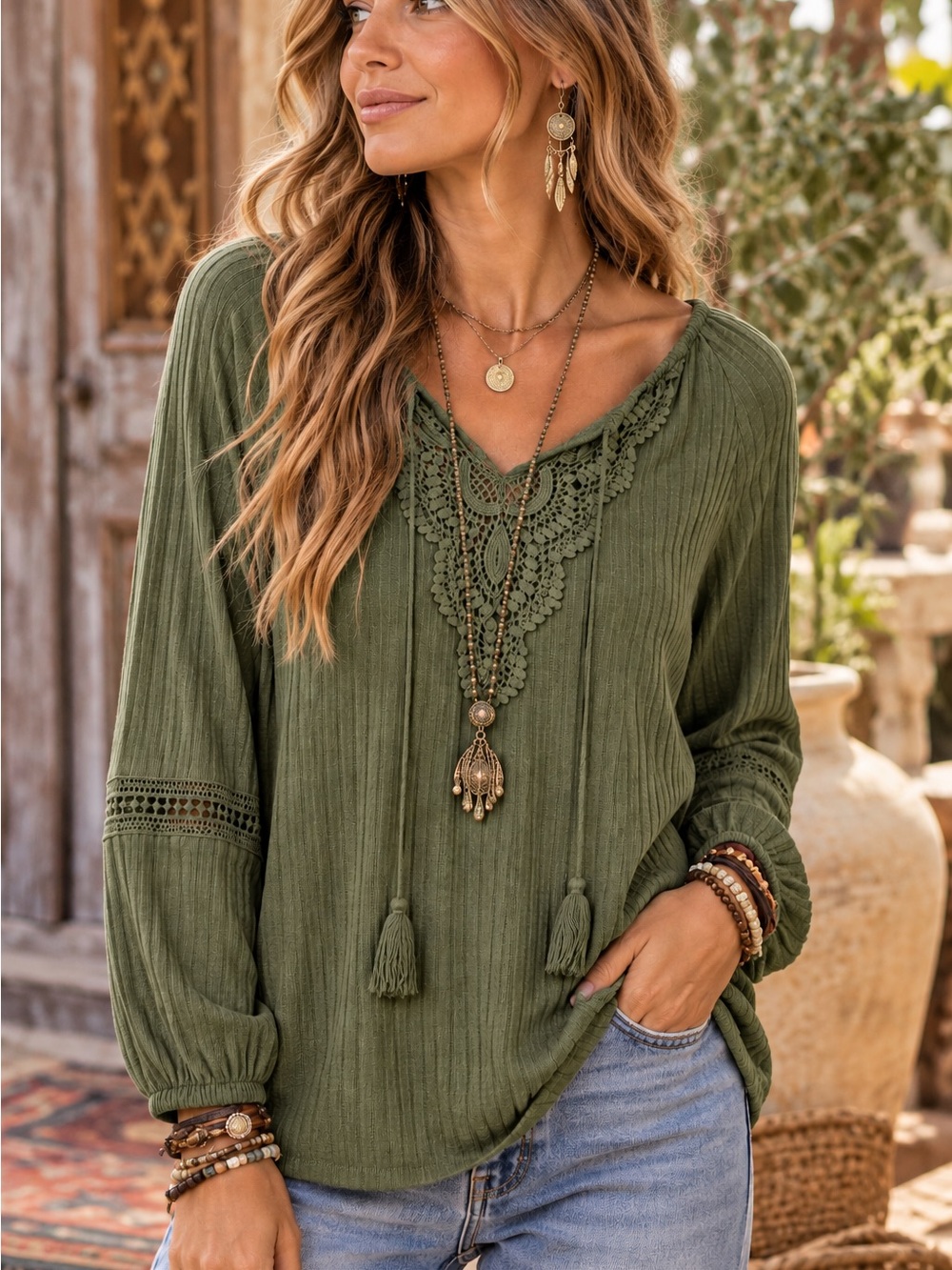Maurices Boho Polyester Blend Green Crochet Peasant Top W/Tassels Size XS